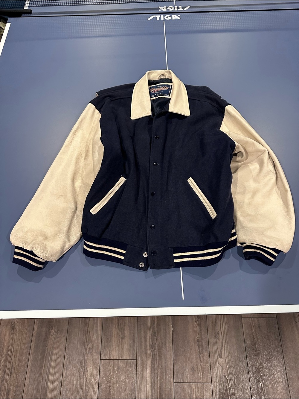 Vintage Varsity Jacket with Navy Body and Cream Sleeves -vintage varsity